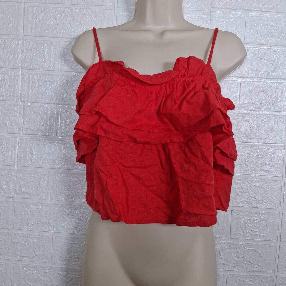 Monteau Los Angeles XL Red Linen Blend Ruffle Cold Shoulder Crop Top